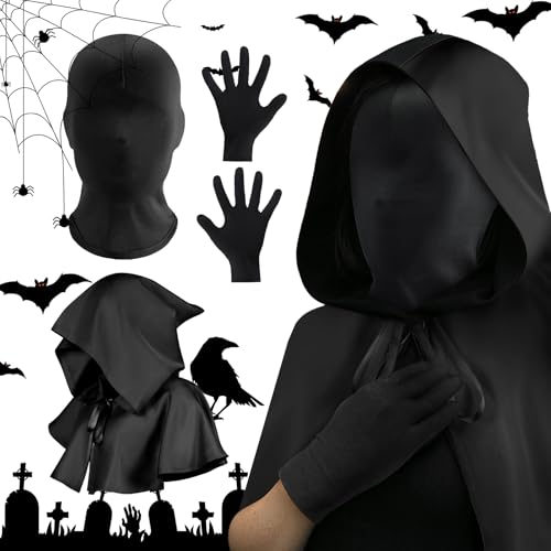 AllisWay Máscara de Cara Completa Negra de Halloween, Máscara sin Rostro con Guantes Negros, Capa con Capucha de Halloween, Capa halloween Unisex, Ideal para Disfraz de La Parca, Fiesta de Terror