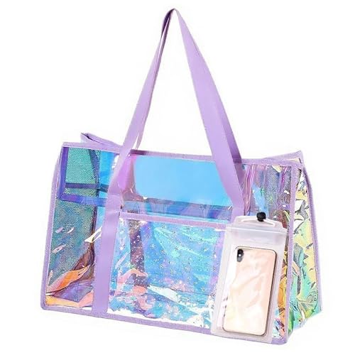 Gohgoh Beach Bag 29L Sand-proof Holographic Beach Bag Iridescent Beach Tote Bag with Zipper and Phone Pouch for Beach, Pool