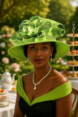 Women Derby Church Dress Cloche Hat Fascinator Floral Tea Party Wedding Bucket Hat S052(SD724-Flower-Green)