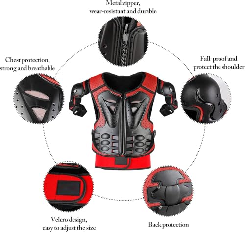 Fansport 5 Stück Motorrad Schutz Jacke,Kinder Motorrad rüstung mit Knieschoner Ellbogenschoner Brustpanzer Racing,für Outdoor Sport - 4/6/8/10/12/14 Jahre (Rot)