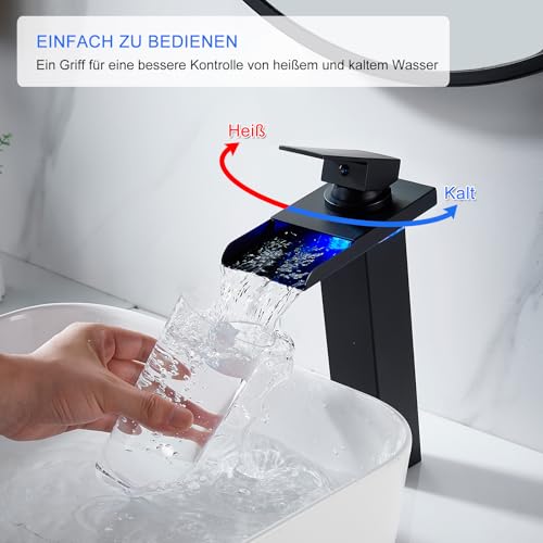 KEOKBON LED Schwarz Wasserfall Wasserhahn Hoch, RGB 3 Farbewechsel Waschtischarmatur Einhebelmischer mit Temperatursensor Waschbeckenarmatur Edelstahl 304 für Badezimmer, 2 Schlauches（G3/8 x 50cm ）