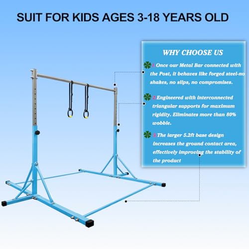 Gymnastics Bar for Kids Ages 3-15 with Gym Ring, Max Load 350Lbs by JC-ATHLETICS - Used condition - Image 3