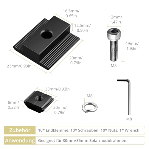 Anbte 10 Stück Mittelklemmen 30mm/35mm T-förmige Aluminiumlegierung Solarmodul Halterungen Kit inkl. 10pcs Schrauben M8*49mm Photovoltaik Solarpanel Montage Befestigungszubehör (Schwarz)