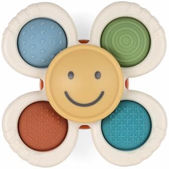 Itzy Ritzy Pop & Whirl – Fidget Spinner Travel & Bath Toy for Babies & Toddlers – Fidget w/Textured Silicone Poppers to Develop Fine Motor Skills – Sticks to Highchairs, Tables, Tubs More (Smile)