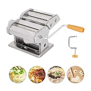 MorNon Pasta Machine, Stainless Steel Manual Pasta Maker Roller Machines with Adjustable Thickness Settings for Homemade Noodle Ravioli Spaghetti Includes Dough Cutter Hand Crank - Silver