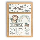 XLYZE Cuadro Natalicio Bebe Personalizado Madera, Regalo Recien Nacido, Detalle Nacimiento Niño y Niña, Cuadro Bebé Animales con Datos, Madera con Fecha Nacimiento Bebé (León)