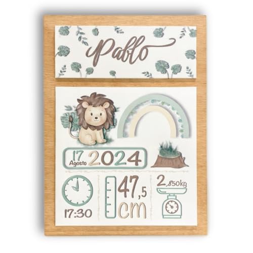 XLYZE Cuadro Natalicio Bebe Personalizado Madera, Regalo Recien Nacido, Detalle Nacimiento Niño y Niña, Cuadro Bebé Animales con Datos, Madera con Fecha Nacimiento Bebé (León)