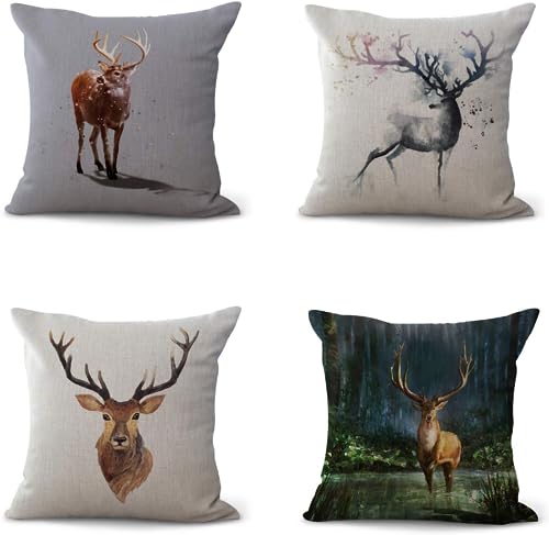 Cuscini per divano，Set di 4 federe decorative con cervo, per divano, auto, camera da letto, copricuscino 45x45, federa per cuscino autunno (cervo)