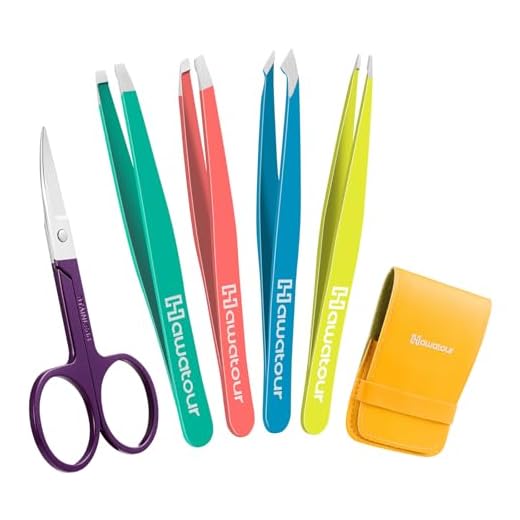 Tweezers Set, 4Pcs Eyebrows Tweezers and a Pair of Scissor with Leather Case, Great Precision for Eyebrow, Ingrown Hair, Splinter, Facial Hair Removal By HAWATOUR, Multi-Color
