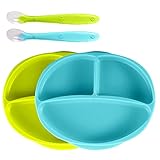 Baby Self-Feeding Suction Plate – Grip Dish, Food-Grade Silicone Suction Plate for Weaning Babies, BPA-Free, Microwave, Dishwasher & Oven Safe (Green & Blue)