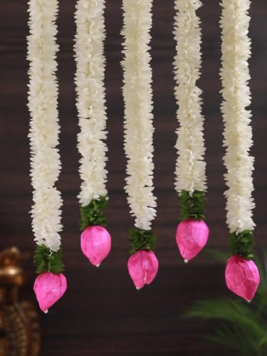TIED RIBBONS 5 Pcs Lotus Hangings for Decoration Home Decor Wall Door Mandir Pooja Room Office Wedding Stage Backdrop Decorative Items (37.3 cm Each) Artificial Mogra Flower Garlands