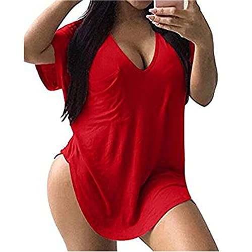 JEsilunmaMY Womens Plus Size T Shirts Short Sleeve V Neck Solid Color Casual Blouses Loose Comfy Cotton Summer Tee Tops (Red,Small)