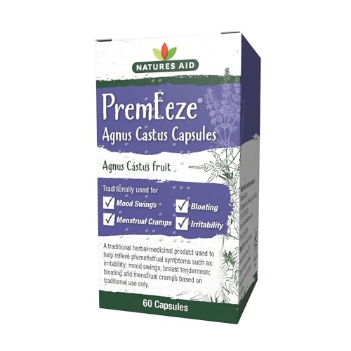 Natures Aid PremEeze Agnus Castus 400mg Traditional Herbal Remedy for Premenstrual PMS Symptoms Relief Mood Swings Irritability Menstrual Cramps & Bloating Vegan THR Registered 60 Capsules