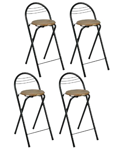 Amveya Lot de 4 Tabouret Bar Pliant Noir Tabouret Pliable avec Dossier, Chaise de Bar Pliante en Métal avec Siège en Bois et Repose-Pied, Intérieur &...