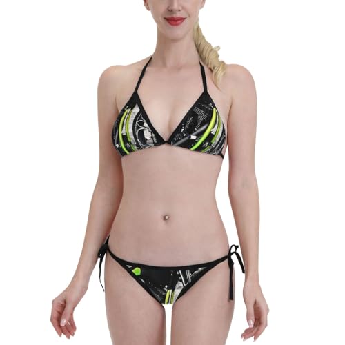 Cvzelas Thunderbike Bike Motorbike Motorcycle Women's Full Print Adjustable Bikini Set – High Waisted Two Piece Swimsuit with Pads, Soft Beachwear Black
