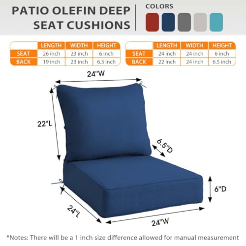 Sundale Outdoor Olefin Deep Seat Cushion Set of 2, Patio Chair Cushion and Pillow, Water-Resistant Sectional Sofa Pad with Straps Dark Blue, 24 x 24 x 6 Inches - Thumbnail 3
