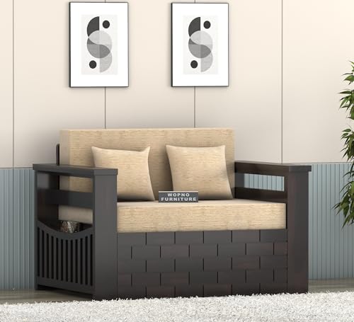 Image of Sheesham Wooden 2 Seater Sofa Cum Bed with Mattresses for Home Living Room | Rosewood 2 Seater Sofa Cums Bed for Bedroom Without Pillow | Solid Wood Sofa Bed (Walnut, 2 Seater)