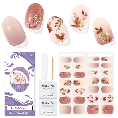 Autocollant Ongle Gel UV - 28pcs Vernis Autocollant Ongles D'Automne Gel Nail Stickers Auto-adhésifs Qualité Salon Longue Durée Pour Femmes Filles Nail Designs（Feuille d'érable）