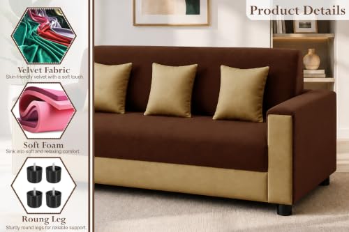 Image of 3 Seater Wooden Sofa | Velvet Fabric Couch with Cushions | Comfortable Living Room Sofa | Sturdy Wooden Frame | Home & Office Furniture | Brown & Beige