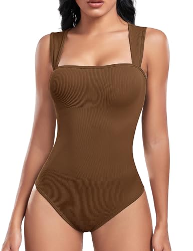 Vancavoo Body Ajustado Mujer Bodysuit sin Mangas Bragas con Botón Elástico Body Suit Chaleco de Cuello en U Mono de Fiesta Sexy Bodycon Ribbed Leotard Body Reductor Jumpsuits(Marrón,M)