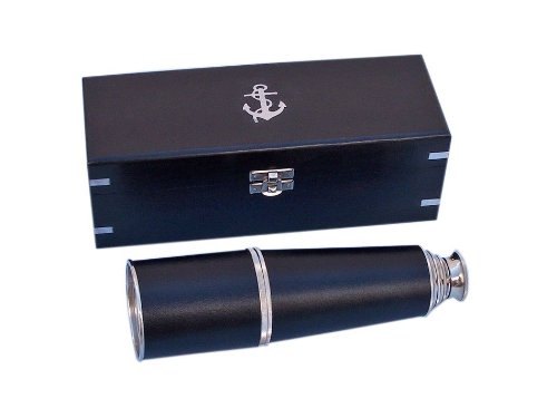 Hampton Nautical Admiral's Chrome/Leather Spyglass 27" Telescope with Black Rosewood Box, Copper