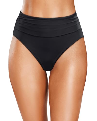Holipick Black High Waisted Bikini Bottoms Tummy Control Swimsuit Bottom High Cut Bathing Suit Swim Bottom M