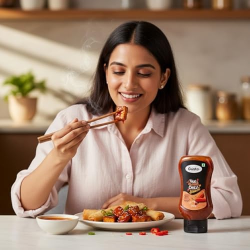 Image of Gusto Foods Thai Sweet Chilli Sauce (350g) | Original Thai Chilly Momos Sauce | Ready to Use Thai Chilli Garlic Dip, Use with Noodles, Momos, Burgers or Marinade | Syrupy glossy texture