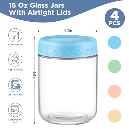 DRKIO 16 Oz Overnight Oats Containers - 4 Pack Glass Meal Prep Jars