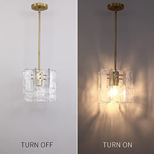 Aberaun Home Pendant Lights Kitchen Island With Handcrafted Art Clear Glass, 9.8" Brushed Gold Brass Farmhouse Pendant Lighting Fixtures, Modern Adjustable Hanging Lamp Ceiling Chandeliers #TOP5
