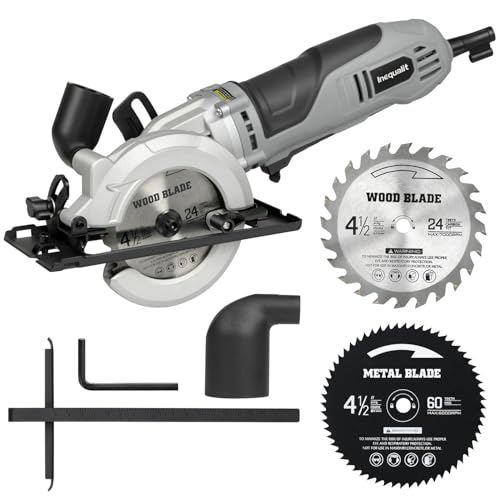 Inequalit 710W Mini Circular Saw, 5200RPM 6Amp Corded Compact Saw with 4-1/2" 24T TCT & 60T HSS Blade, Parallel Guide Ruler, Allen Wrench, Vacuum Adapter, Max Cutting Depth 1-2/3"(90&deg;) 1''(45&deg;)