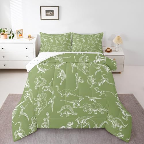 Loussiesd Juego de ropa de cama con estampado digital 3D de dinosaurio, tamaño individual, diseño de dinosaurio de la selva para niños y niñas, decoración de animales salvajes, microfibra verde