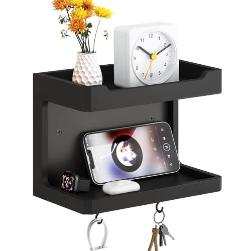 NiHome Large Wall Mounted Wooden Bedside Organizer, Double Storage Shelves & Magnetic Hooks, Solid Wood Bedside Shelf for Phone Glasses Remote Keys, Space-Saving Wall Rack for Bedroom RV Dorm (Black)
