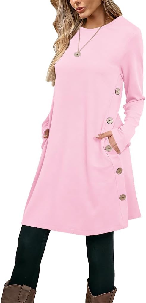 Poetsky Womens Tunic or Tops to Wear with Leggings Long Sleeve Side Buttons Swing Casual Long Shirts with Pockets S-3XL