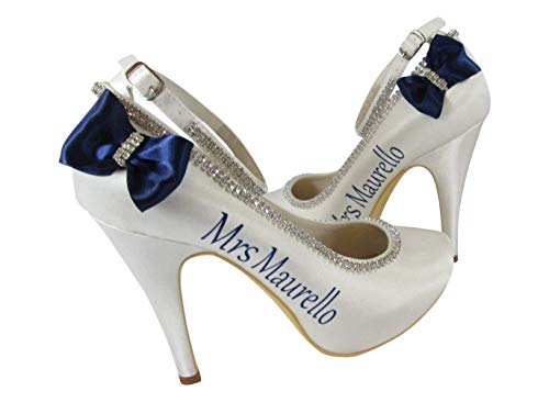 Navy Satin Bow Bridal Heels with Rhinestone Bling and Wedding Name