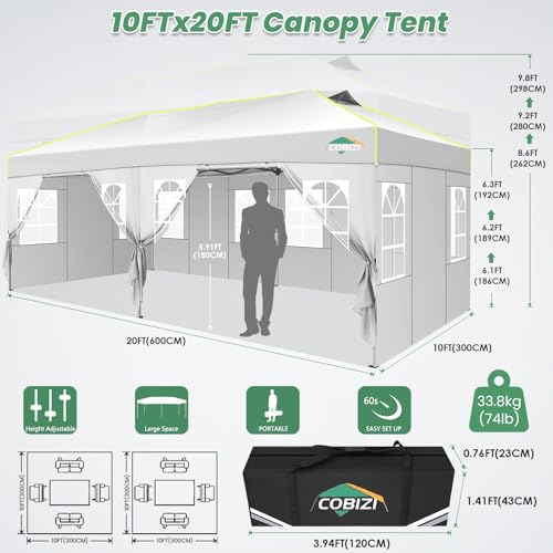 Image of Cobizi 10x20 Pop Up Canopy Tent with 6 Removable Sidewalls, Outdoor, White