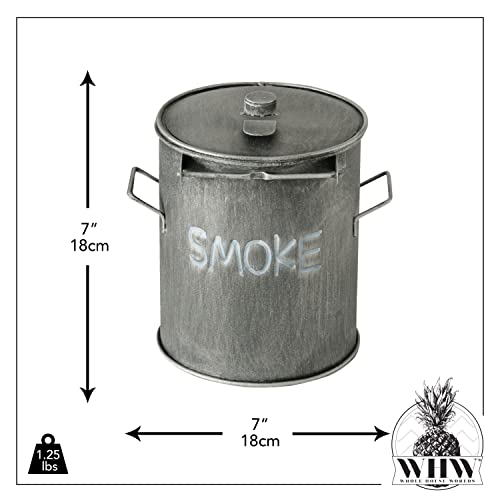 Smoke Outdoor Ashtray, Trashcan Style, Hinged Lid, Removable Interior Tray, 7 D X 7 H Inches, Lacquered Iron, Grey Finish, White Text #TOP3