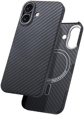 GESIHOPY Aramid Fiber for iPhone 16 Case,Compatible with Magnet,Slim & Light Case for iPhone 16, Case-Less Touch Feeling, Black/Grey(Twill)