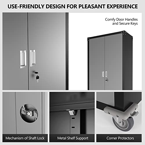 Vingli 72" Tall Metal Storage Cabinets With Doors And 4 Adjustable Shelves, Silver&Black Metal Storage Cabinets With Wheels For Garage, Office, Classroom, Laundry&Utility Room, 32W X 16D X 72H #TOP3