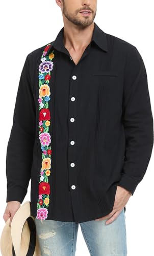 YZXDORWJ Men's Mexican Shirts Cuban Guayabera Shirt Casual Long Sleeve Embroidered Linen Summer Beach Shirts4
