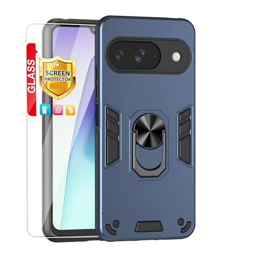 Compatible with Google Pixe 9 Pro Phone Case Series Rugged, Shockproof Protective Cover with Built-in Metal Ring Stand, Compatible with Magnetic Car Mount- Blue