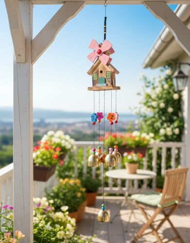 Image of Decorative Wind Chime for Home | Wooden House with Bells Colourful Beads | Positive Energy Balcony Living Room Hall Garden Home Decor (Wind Chimes)
