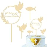 Luxorium 3-teiliges Cake Topper Kommunion Set Tortendeko aus Holz für die Erstkommunion Torte mit Fisch Taube Deko für Jungen und Mädchen(A)