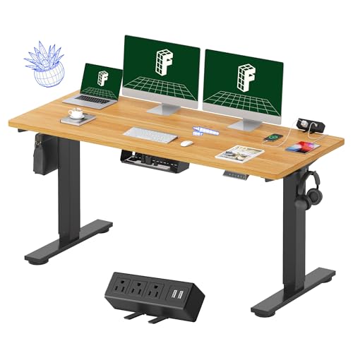 FLEXISPOT EN2Whole-Piece Standing Desk with Clamp Power Strip, 60 x 24 Electric Stand Up Height Adjustable Desk with Cable Management (Black Frame +60" Maple Top, 2 Packages)