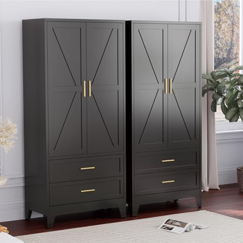 Image of Black Metal Wardrobe Closet, Armoire Wardrobe with Two Drawers Clothes Cabinet for Bedroom, 71 inch Tall Farmhouse Steel Armoire Closet with Drawers and 2 Doors Clothing Storage Cabinet with Hanging Rod