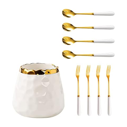 Fvstar Coffee Spoons and Forks Set,Dessert Forks and Spoons,White Ceramic Jar with 4 Gold Forks and 4 Small Spoons,Creative Flatware Set for Coffee,Desserts,Party (White) Cover