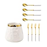 Picture of Fvstar Coffee Flatware Set, White Ceramic Jar with 4 Gold Forks and 4 Small Spoons, Creative Set for Coffee, Desserts, Party (White)