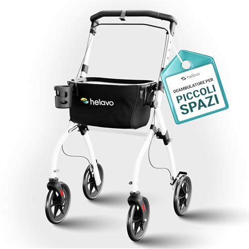 Helavo deambulatore per anziani per casa pieghevole con vassoio - Rollator deambulatore 4 ruote per interni - Ultraleggero, stretto, regolabile, con freni, cestino, portabicchieri