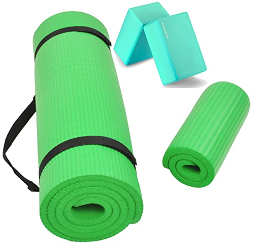 BalanceFrom Tapis yoga 1/2" épais antidéchirure avec blocs et sangle, vert