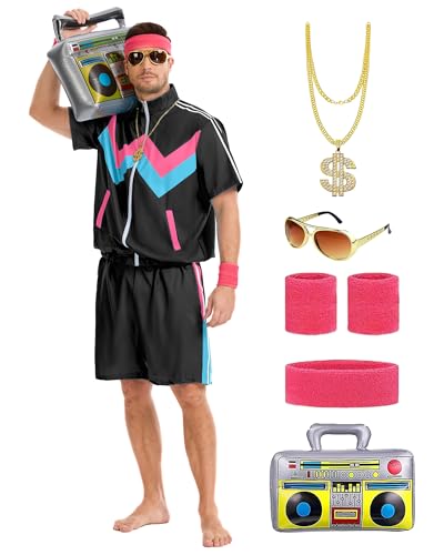 OPAEHJF 90er 80er Jahre Kostüm Erwachsene Retro Trainingsanzug 5Pcs 90er Jahre Outfit für Carnival Mottoparty Sports (Schwarz, L)