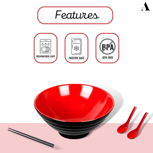 Afwan Ramen Bowl Set Of 4 32 Oz With Large Melamine Bowls Spoons Complete Dinnerware Set With Chopsticks Long-Lasting Japanese Style #TOP4